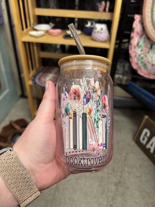 Booktrovert/Floral Mason Jar Tumbler (pink)