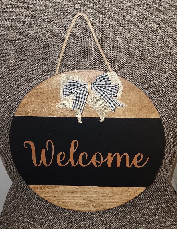 "Welcome" stain door sign