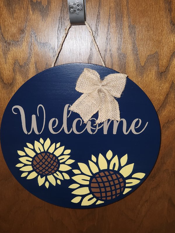 12" Navy "Welcome" sunflower door sign