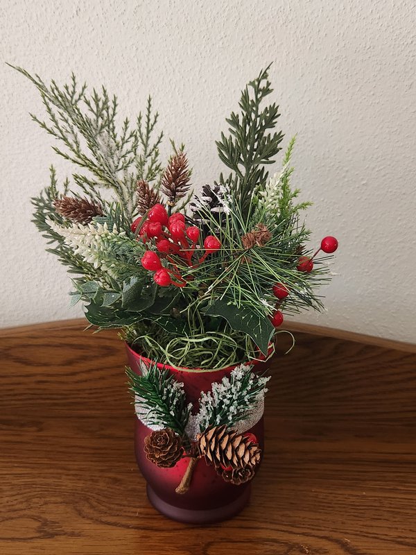Red frosted holiday floral jar