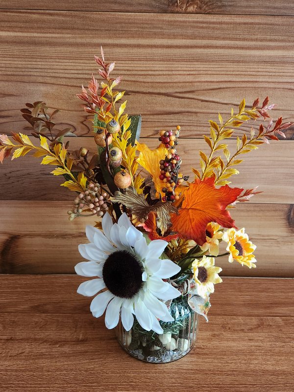 White sunflower fall floral, glass jar