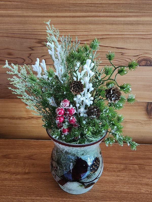 Cardinal frosted floral jar