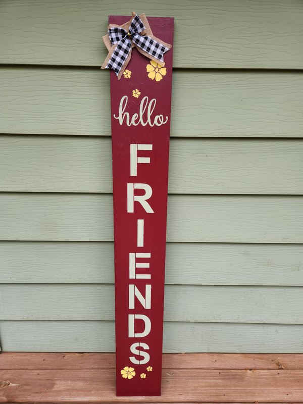 Burgundy "Hello Friends" porch board