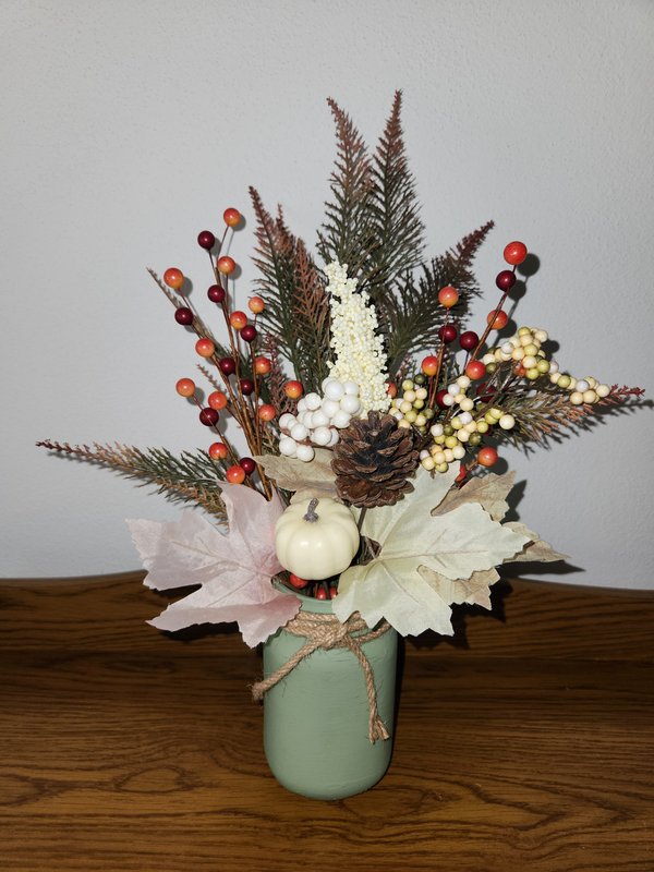 Pumpkin pinecone floral, green jar