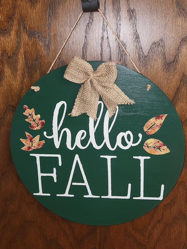 12" Green "Hello Fall" door sign