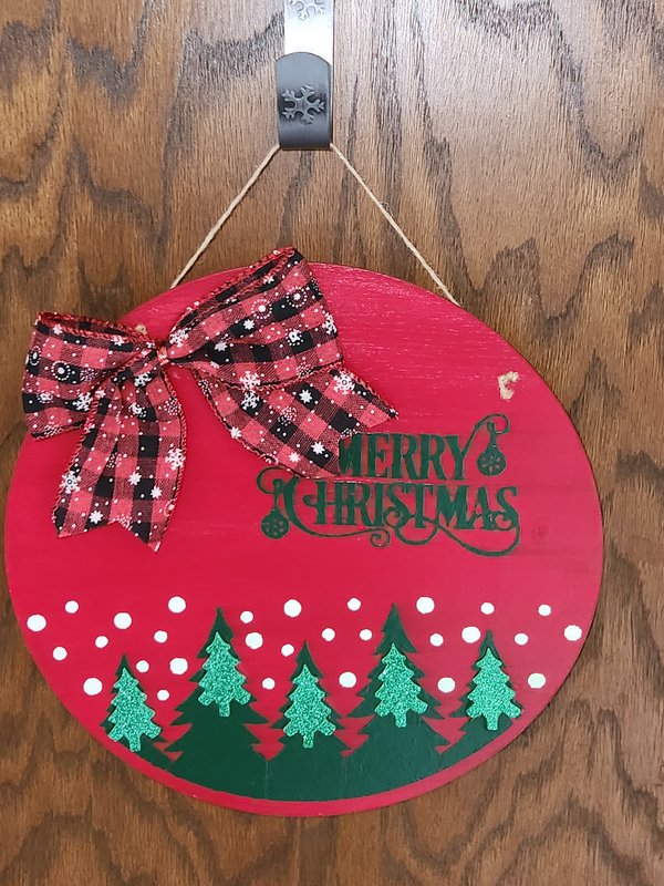 12" Red Merry Christmas, trees round sign