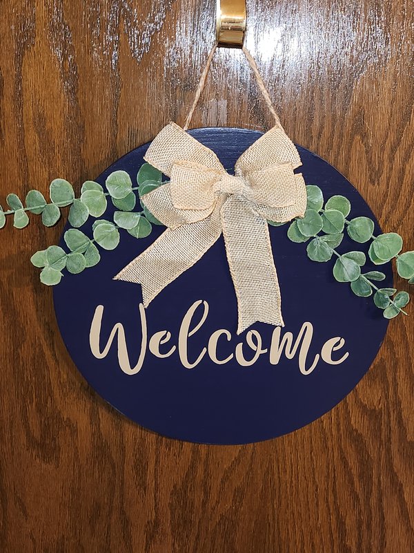 Navy "Welcome" door sign, burlap bow