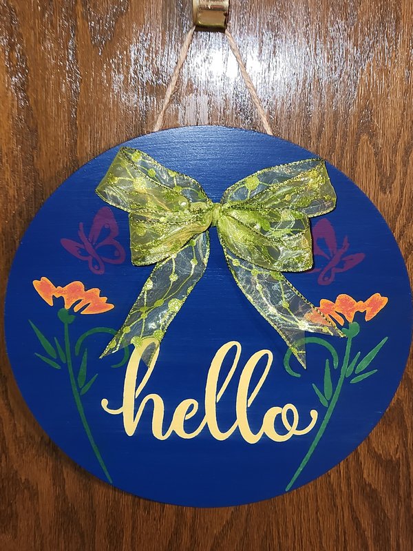 Blue "Hello" Spring door sign