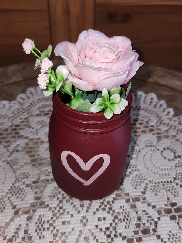 Pink rose, maroon mason jar