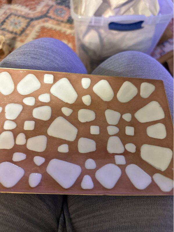 white enamel on copper platter