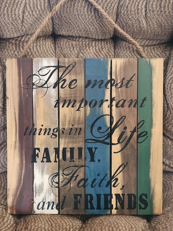 Family faith friends wood sign
