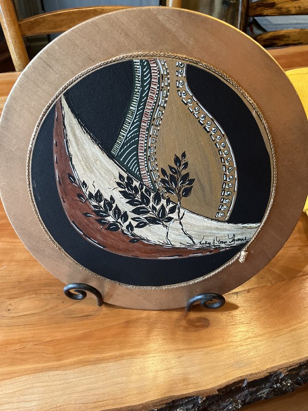 Hand painted neutral tone, table, top or wall art. In neutral Tones with natural leaves and a Zen pattern. L