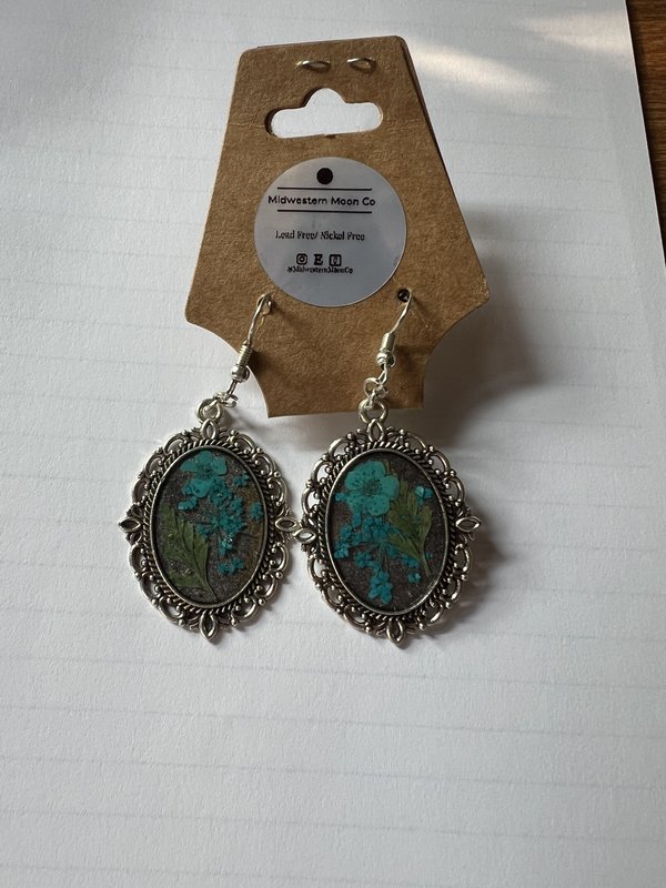 Silver Pressed Blue Flower Earrings