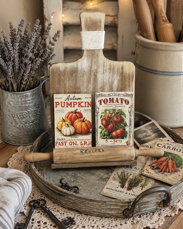 Wooden Recipe Card Holder with Rolling Pin Stand