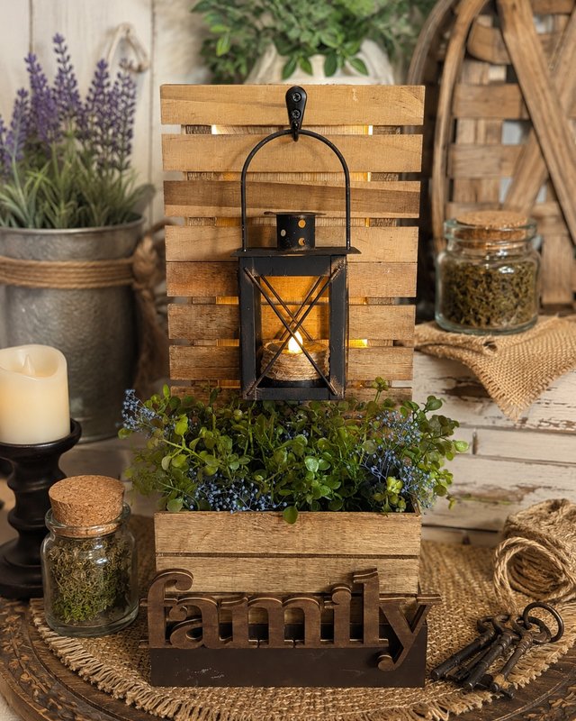 Rustic Wood Slat Lantern Wall Decor with 'Family' Sign