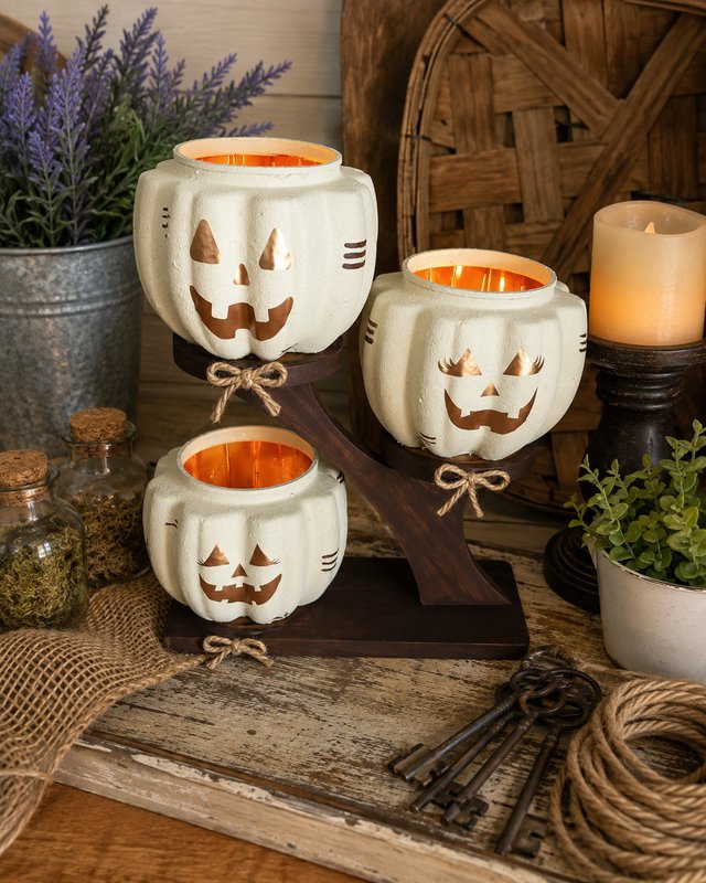 Three-Tier Wooden Pumpkin Jack-O-Lantern Candle Holder Stand