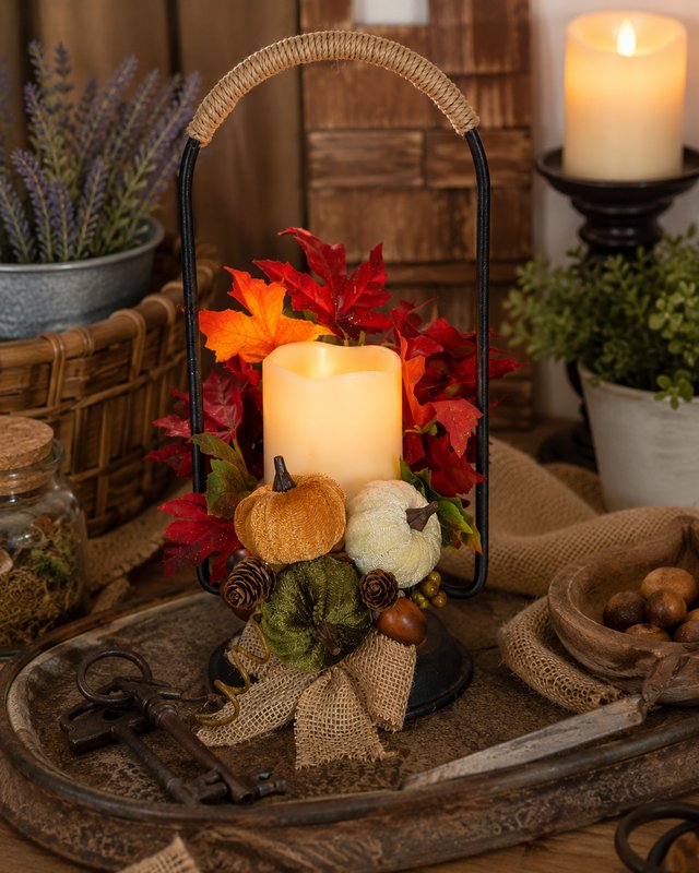 Fall Harvest Decorative Lantern with LED Candle