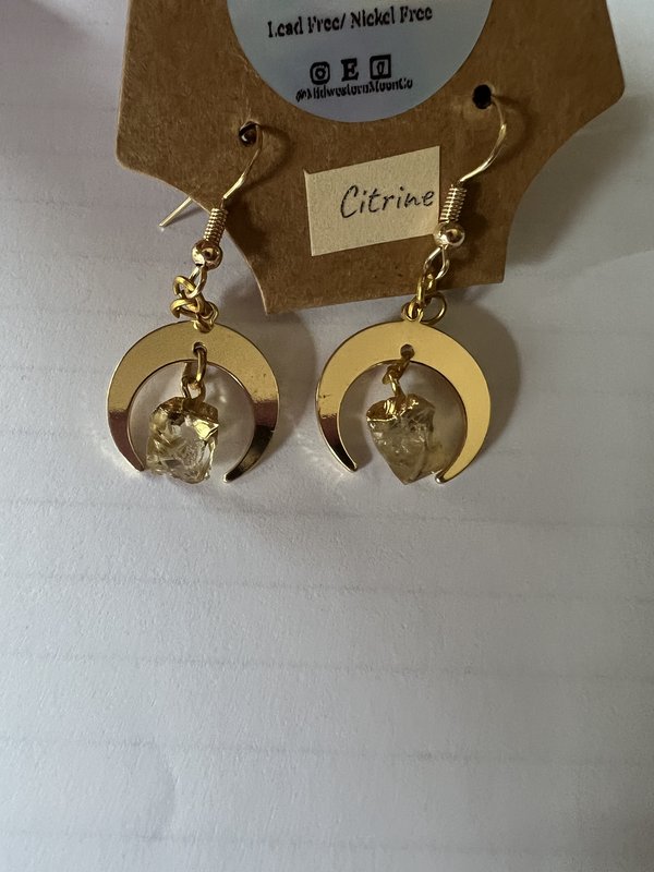 Gold Citrine Moon Earrings