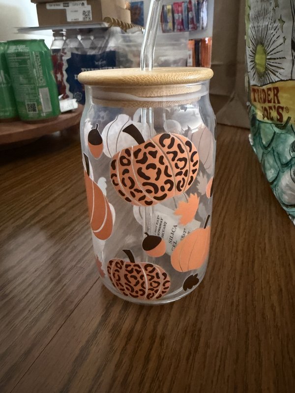 Pumpkin Glass Cup w/ lid & straw