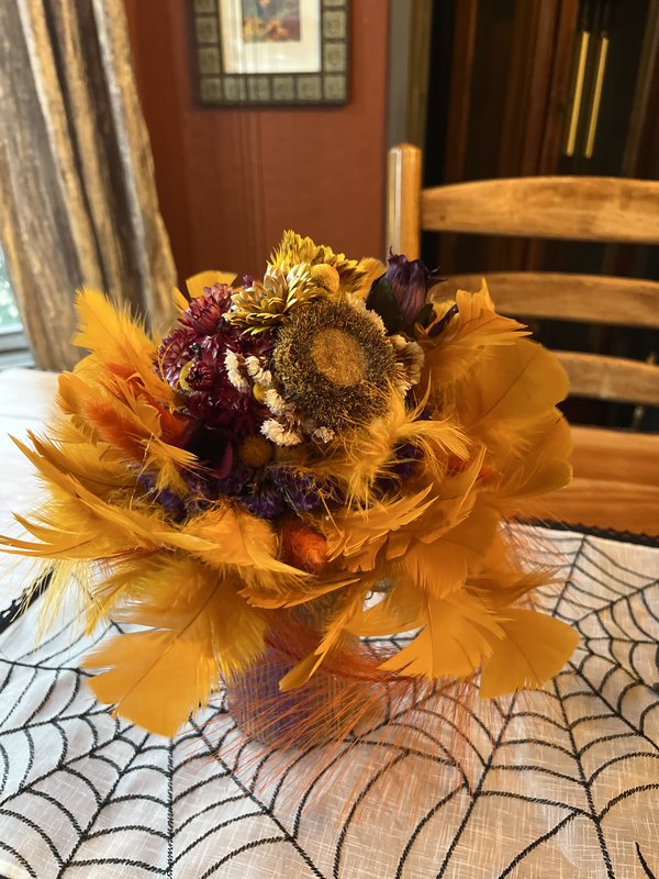 Dried Sunflower & Feather table decoration