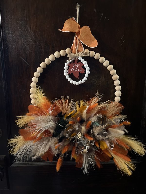 Wood Bead Fall Wreath with Feathers
