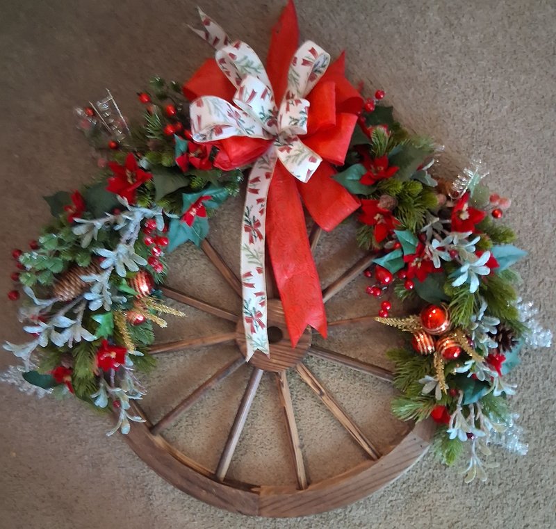 Wooden Wagon Wheel Christmas Wreath