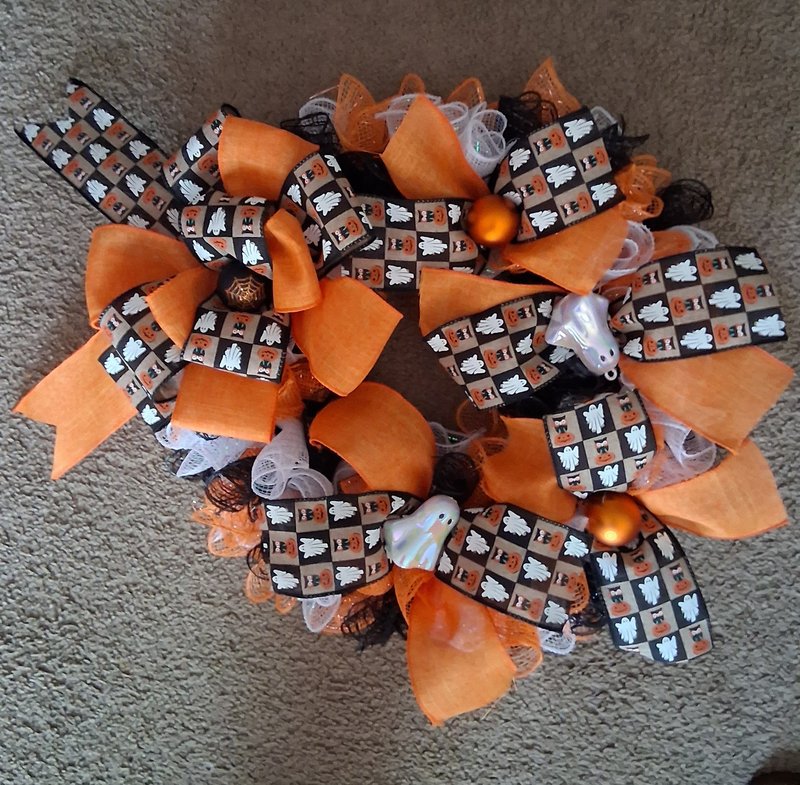 Halloween Ghost & Pumpkin Ribbon Wreath