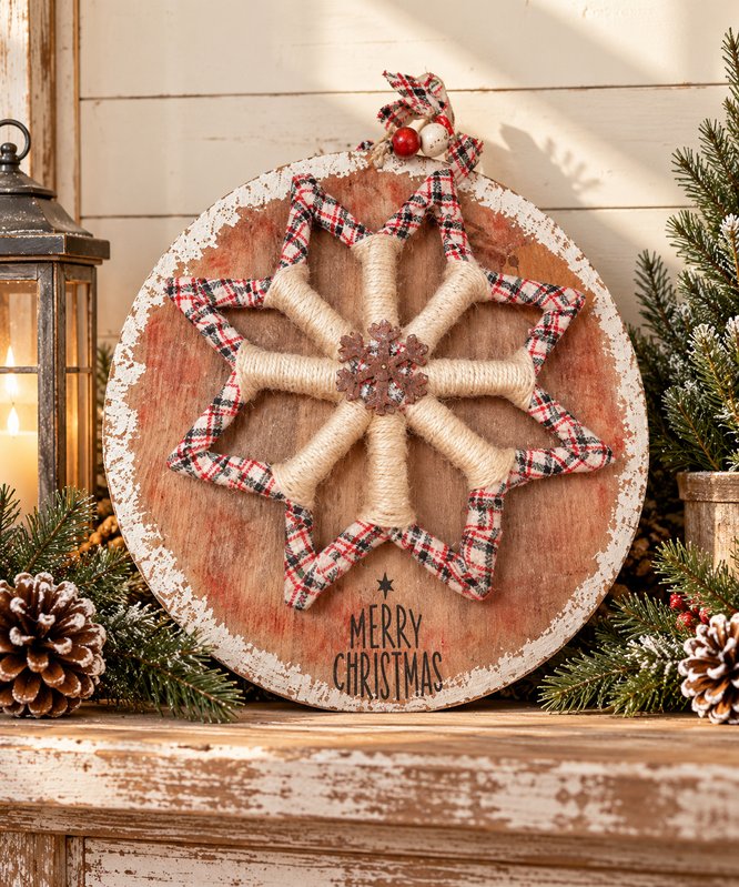 Rustic plaid and twine star Merry Christmas wall hanging