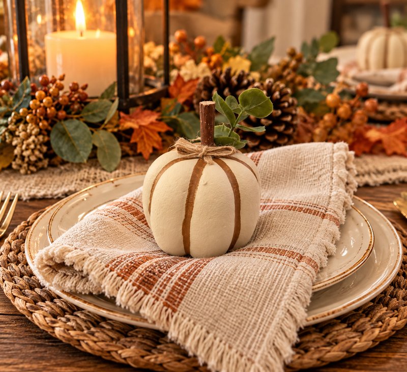 Decorative cream and gold painted pumpkin place setting