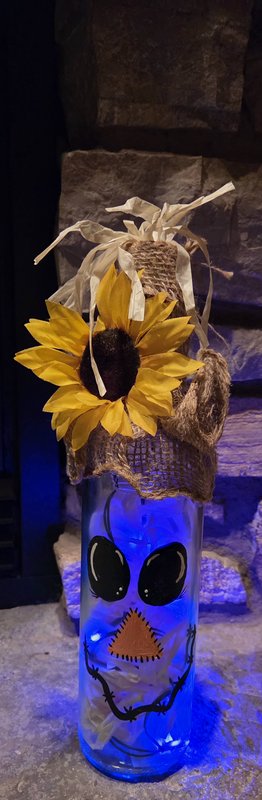 Hand-painted Lighted Glass Bottle "Scarecrow"