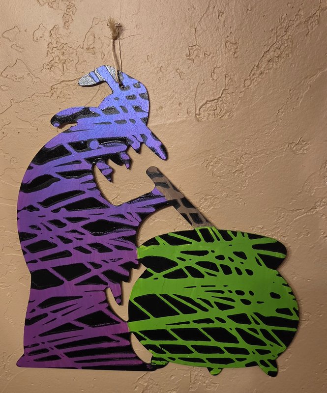 Hand-painted Wooden Witch with Cauldron Plaque