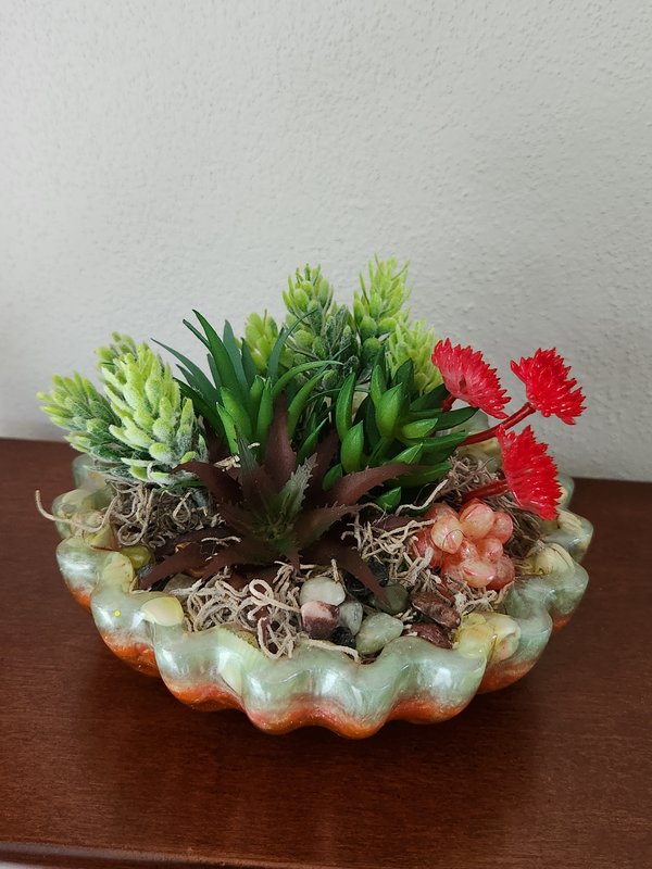 Faux succulents, green red bowl