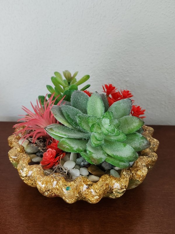Faux succulents, 6" gold bowl
