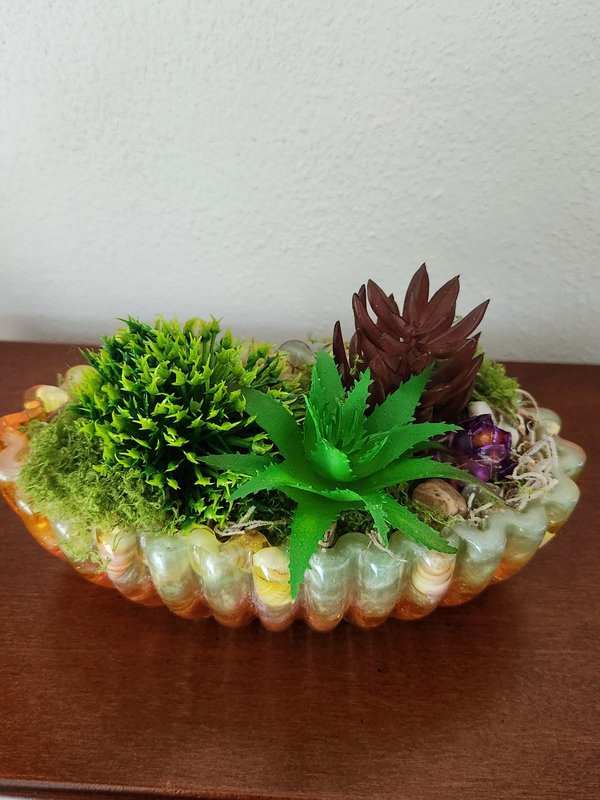Oval dish, faux succulents