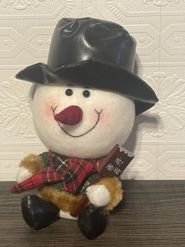 Plush Snowman with Cowboy Hat and Sign